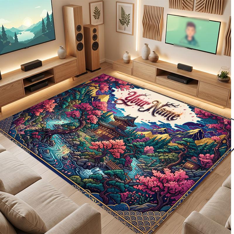 Mushroom Forest Theme Crystal Velvet Floor Rug Personalized Custom Name Text Warm Carpet Home Decoration