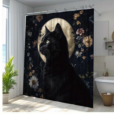 1pc Elegant Black Cat & Floral Shower Curtain - Polyester Fabric Bathroom Decor with 12 Hooks, 70. 8x70. 8 Inches, Moonlit Fores