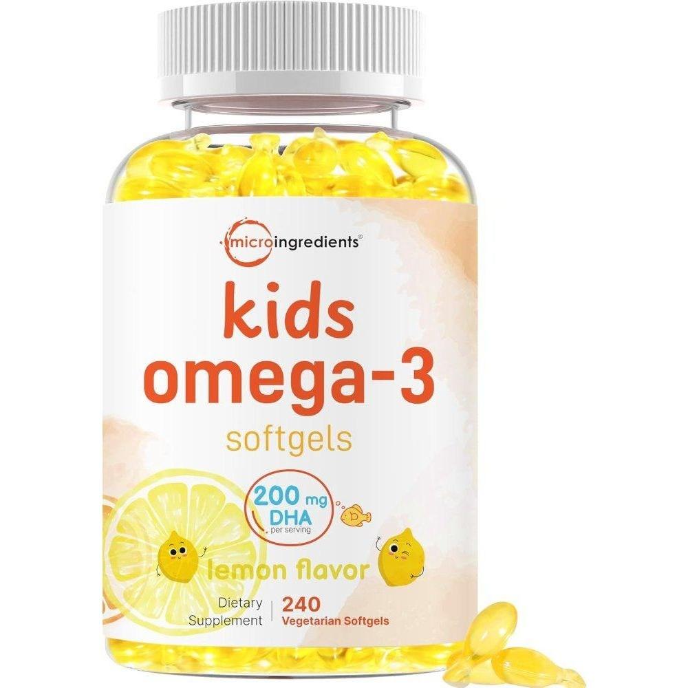 MicroIngredients Children's Omega-3 DHA 200mg Lemon Flavor Vegetable Algae Oil 240 Capsules 1 pcs