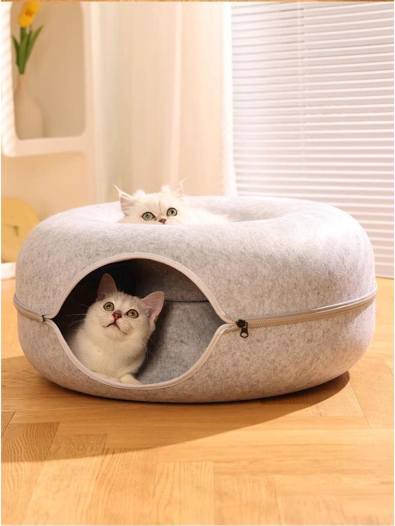 Four Seasons Universal Felt Donut Cat Bed with Tunnel and Toy