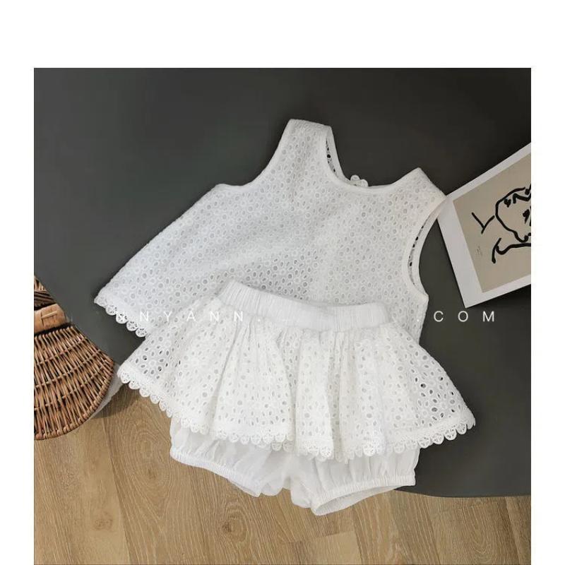 Flickkläder Baby Söt Ihålig Bomullsset Sommar Stilfull Ärmlös Väst Tvådelat Set