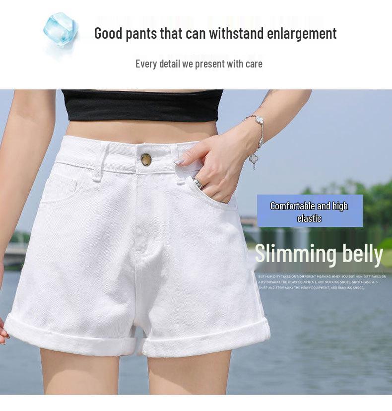 Women's High Waist Cuffed Denim Shorts - Casual Korean Style Wide Leg A-line Hot Pants