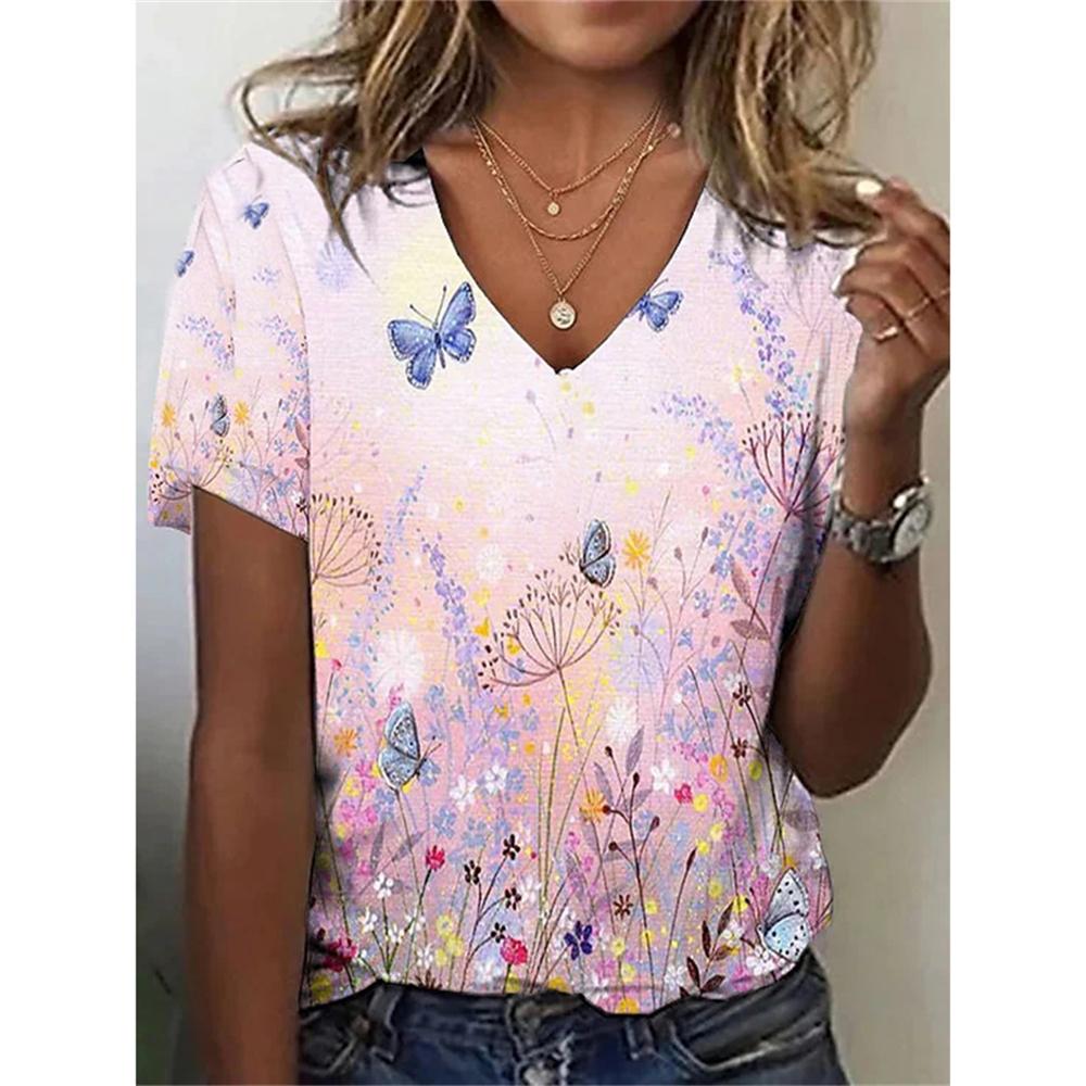 

Женская футболка с цветочной 3D-печатью, летняя футболка с V-образным вырезом, уличная одежда XXXL