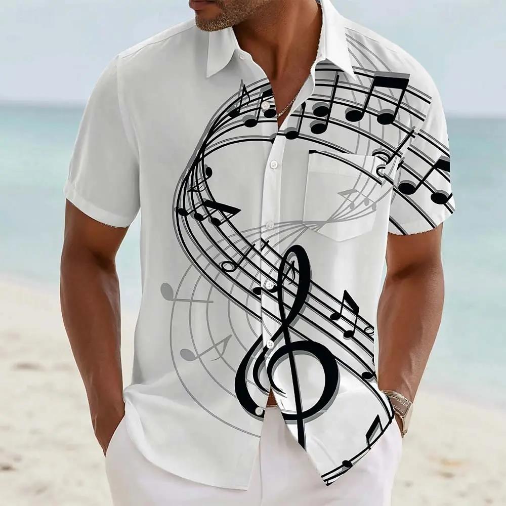 Camicie Grafiche con Note Musicali alla Moda da Uomo Estate Casual Manica Corta Stampa 3D Camicia Larga Traspirante Bottone Musicista Camicetta