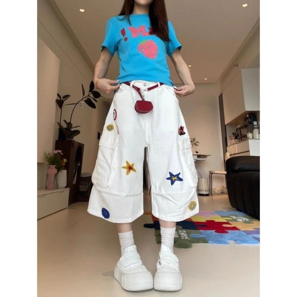Women s High Rise Cargo Capri Jeans Loose Fit Casual Star Embroidery Washed Multi Pocket Denim Shorts Bermuda Pants S