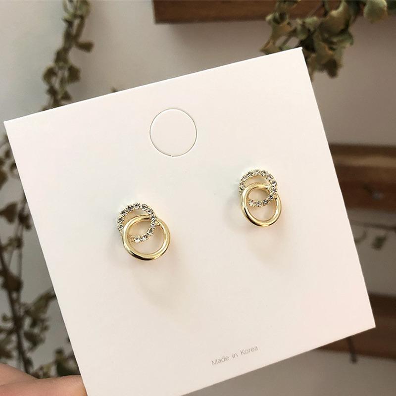 FTCY Gold Color Double Circle Stud Earrings For Women Korean Exquisite Simple Metal Crystal Earring Luxury Party Jewelry Gifts