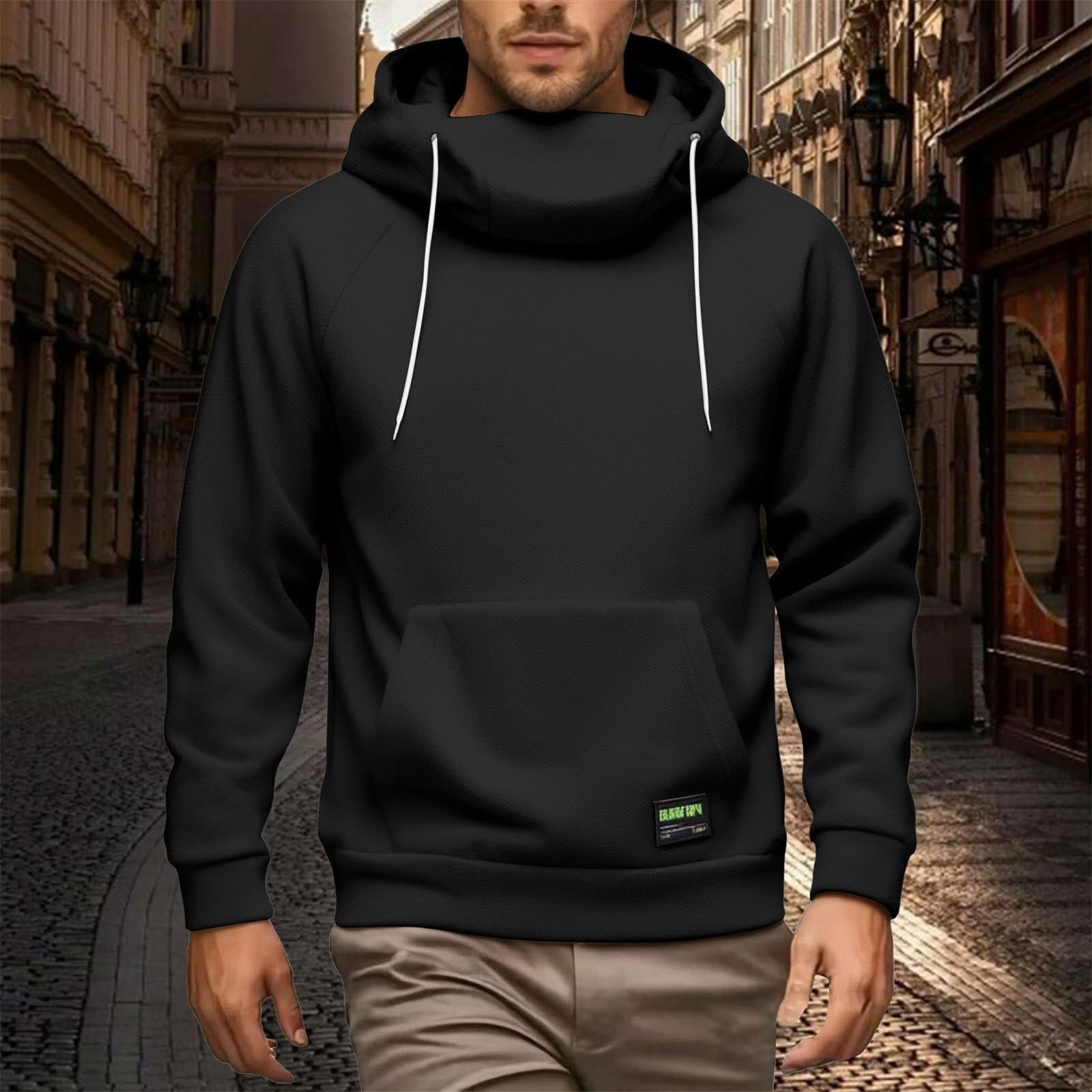 

Толстовки для мужчин Зимняя шея Кулиска Капюшон Длинный рукав Пуловер Ветрозащитный Для тренировок Свободный L чёрный