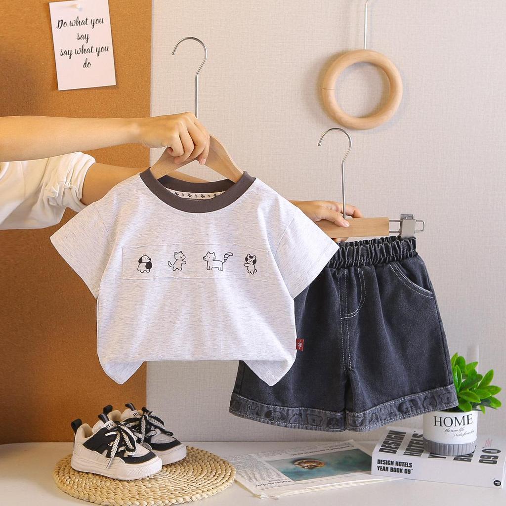 2026 Summer Children's Cartoon Patch Cuffed Denim Two-Piece Set