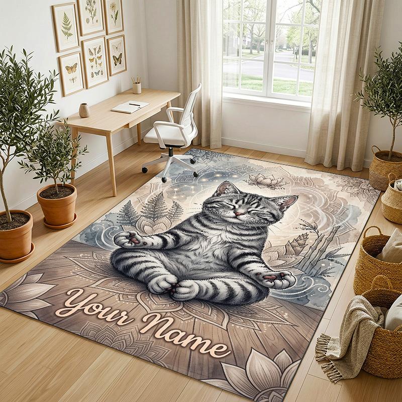 Cat Theme Crystal Velvet Rug Personalized Custom Name Text Soft Floor Mat Home Decor