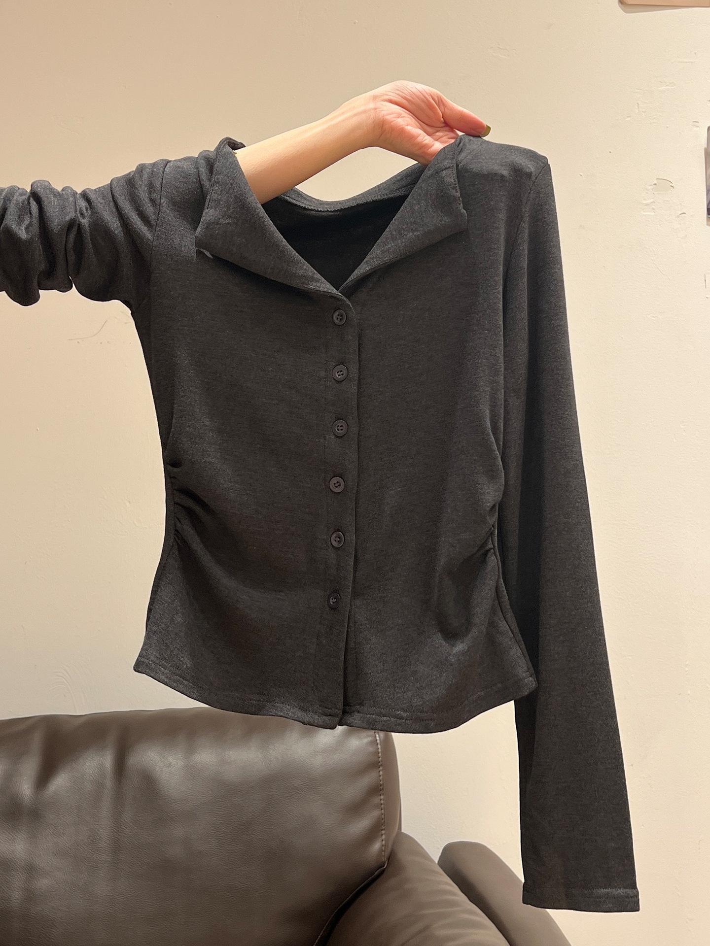 

Korean POLO collar long-sleeved T-shirt cardigan women s clothing, early autumn wear, outer wear, high-end pleated slim-fitting top L темно-сірий