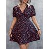 Fashion Elegant Floral Printed Dress Women's Plus Size Loose V Neck Casual Slim Waist A-line Party Dress Short Sleeved Bohemian V-neck Loose Clothing