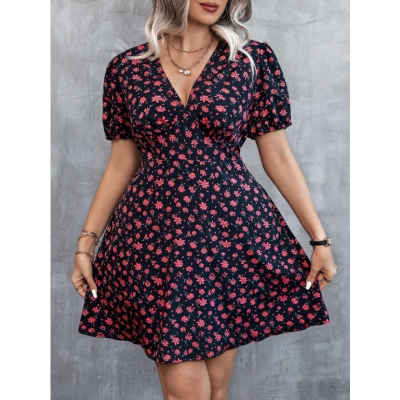 Fashion Elegant Floral Printed Dress Women's Plus Size Loose V Neck Casual Slim Waist A-line Party Dress Short Sleeved Bohemian V-neck Loose Clothing