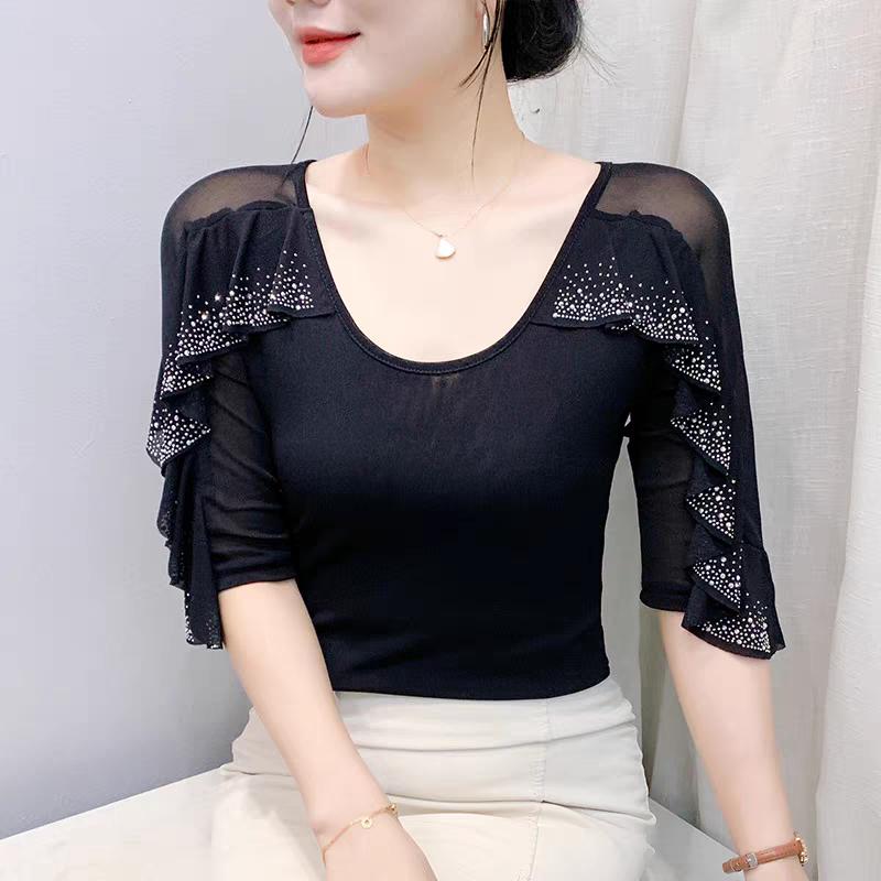 New Summer Streetwear Girl Chic Ruffled Hot Diamonds T-Shirt Clothes Fashion V-Neck Half Sleeved Mesh Tops Women's Tees Blusas