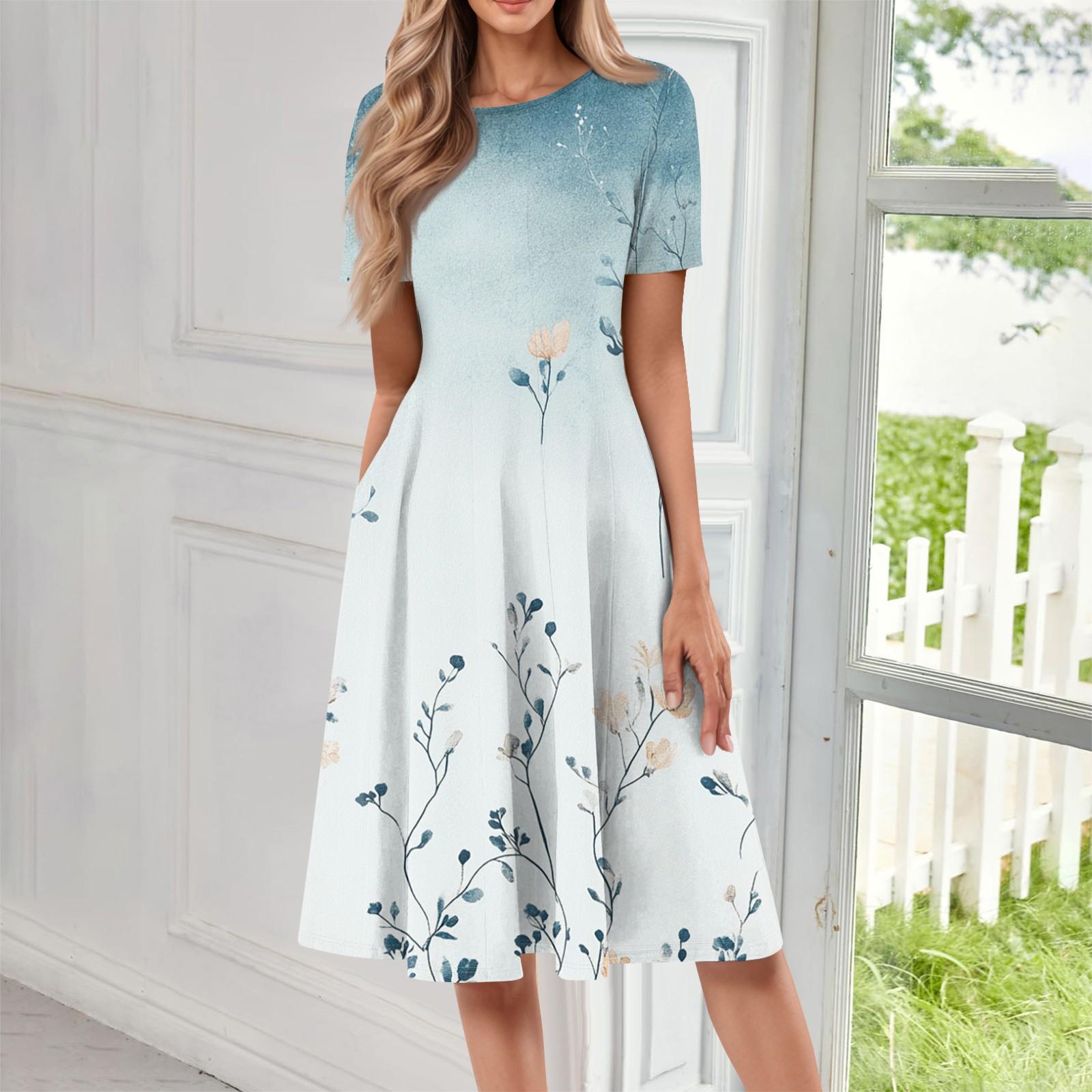 

Женское повседневное модное платье миди с круглым вырезом и коротким рукавом с принтом XL белый