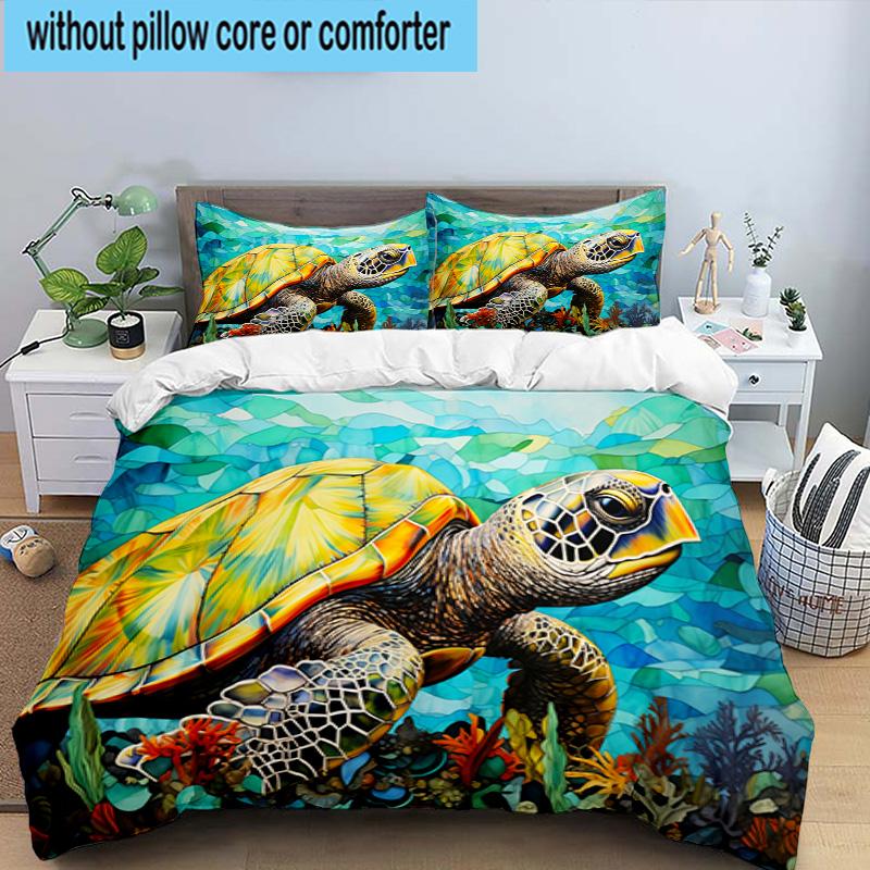 Cartoon Sea Turtle Artwork 3pcs Bedding,Including 1pc Duvet Cover And 2pcs Pillowcases Perfect for Christmas,Ideal for Bedroom, Dormitory