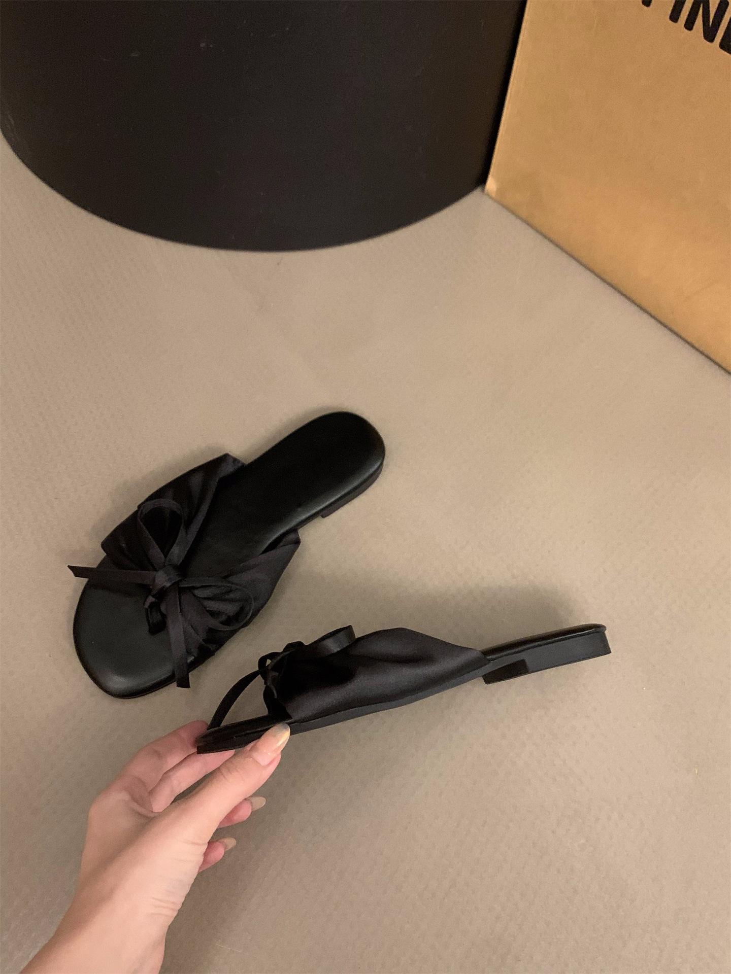 

Французские сандалии розовые шлепанцы на плоской подошве туфельки феи 2024 летняя обувь сандалии с бантом 35 чёрный