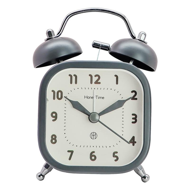 Student 3-inch Square Metal Bell Ring Alarm Clock Home Bedside Sweep Second Night Light Clock Quartz Clock