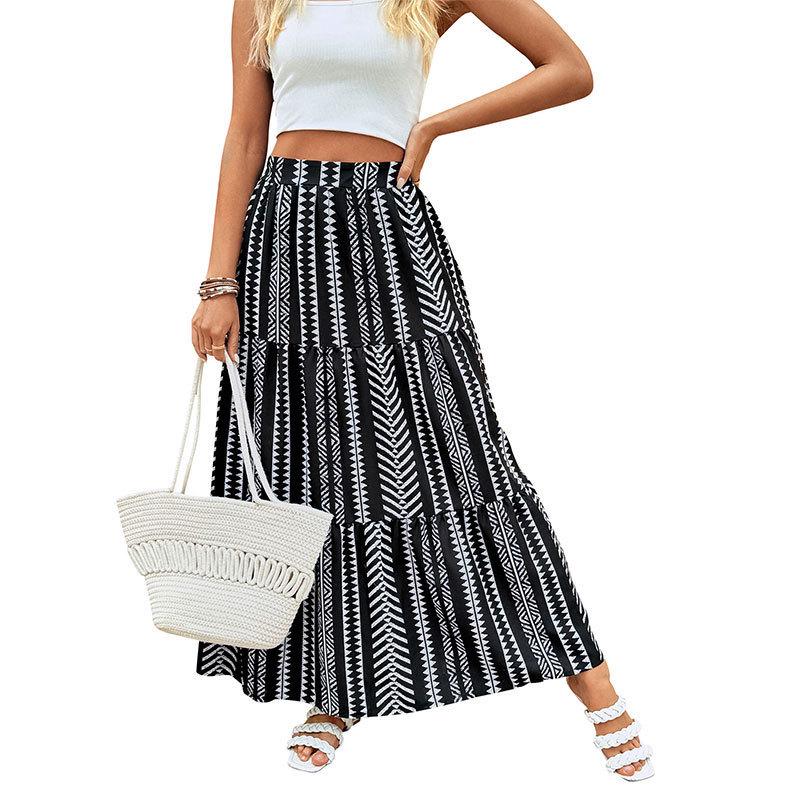2026 Summer Geometric Print Elastic Waist Midi Skirt - European & American Ethnic Style
