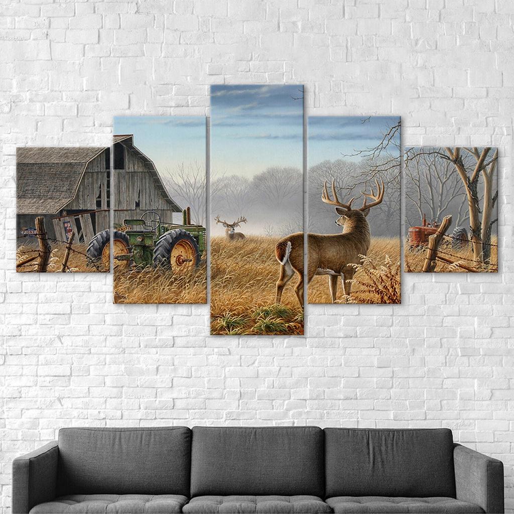 Animal Deer Village Landscape 5 Piece Five Panel Wall Canvas Print Modern Art Poster Picture Home Decor Gift For Him For Her