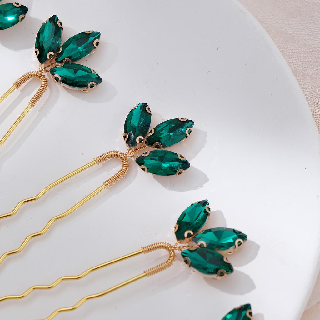 Accesorii de păr retro set de agrafe de mireasă accesorii de păr pentru fotografie de nuntă agrafă în formă de U cu strasuri verzi