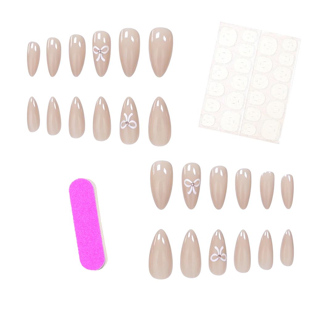 24 Pieces Of Manicure Ice Through Nude Gentle Bow Diamond Versatile Long Almond Wear Armor