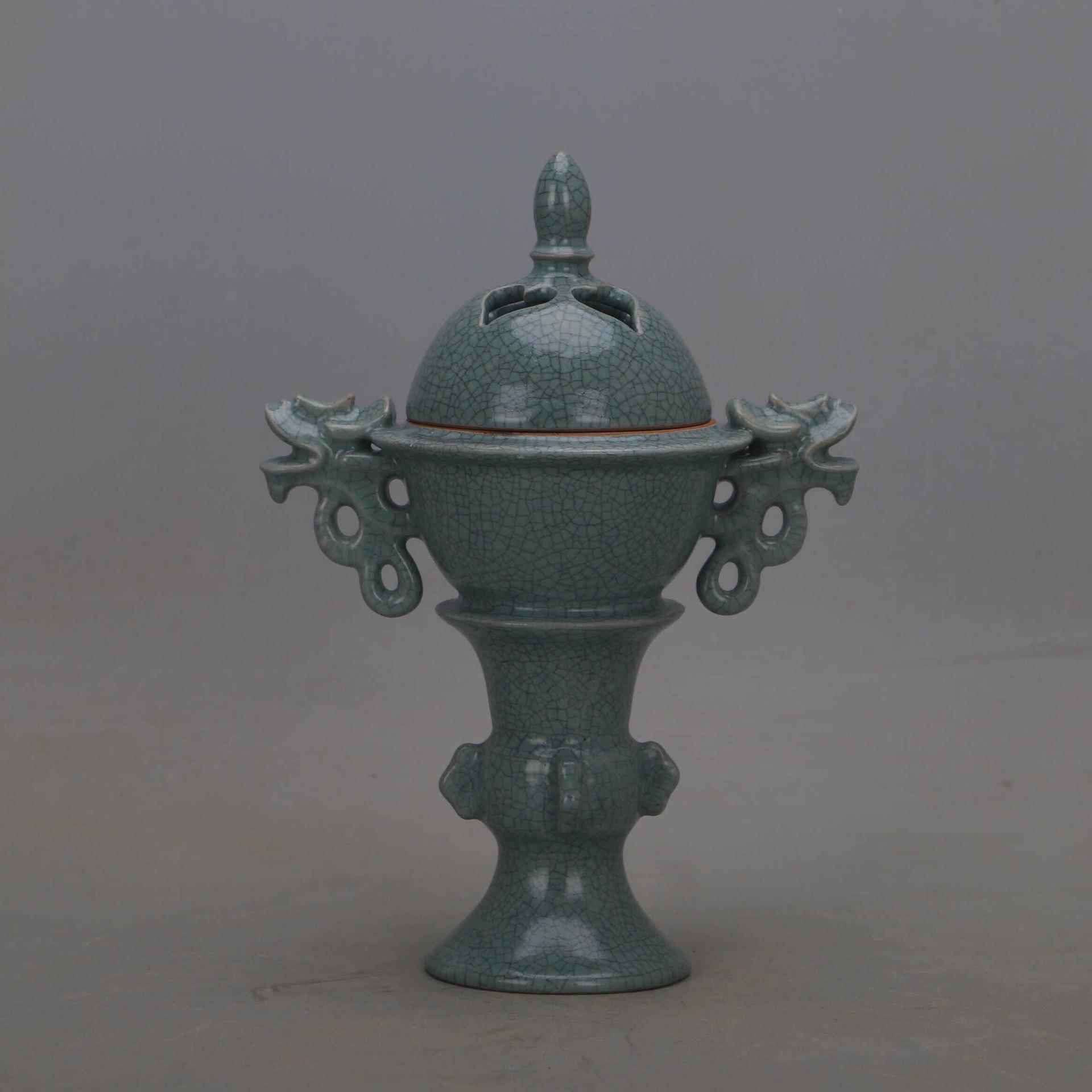 Song Dynasty Ru Kiln Celadon Double-Ear Dragon Incense Burner with Spur Marks - Antique Imitation Porcelain Collectible