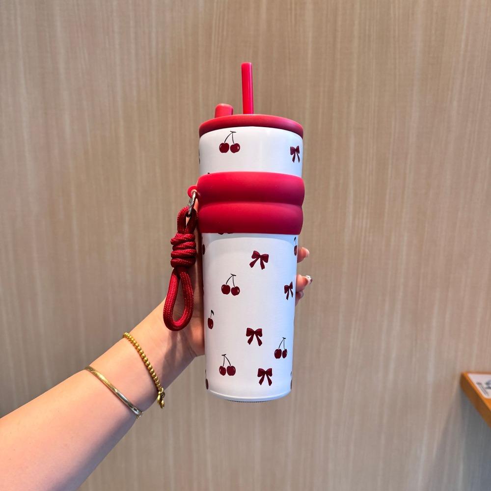 Pink Flower Red Cherry Vacuum Cup Bow Direct Drinking Cup Portable Vacuum Cup  Boys and Girls