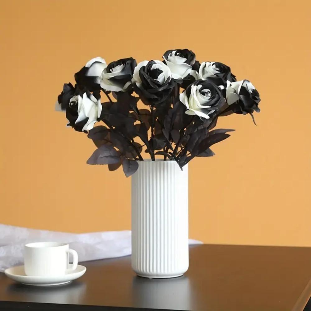Black White Halloween Artificial Rose Flowers Gothic Simulation Flowers  Bridal Wedding Bouquet