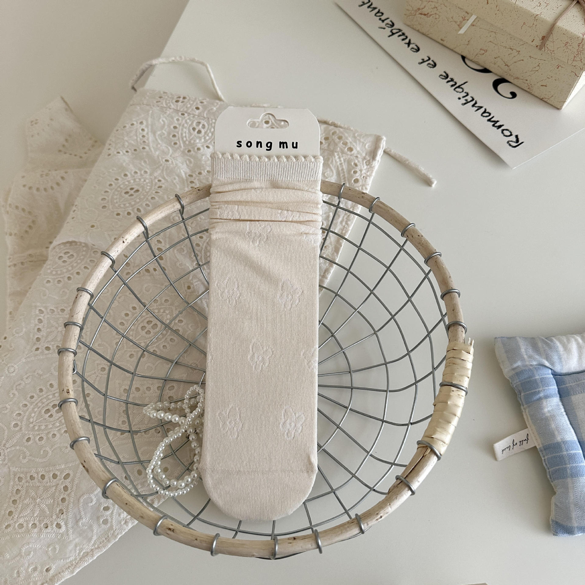 Songmu  Elegant Gray-Blue Stacking Socks Boneless Socks Medium Tube Socks Sweet Bow Socks One size