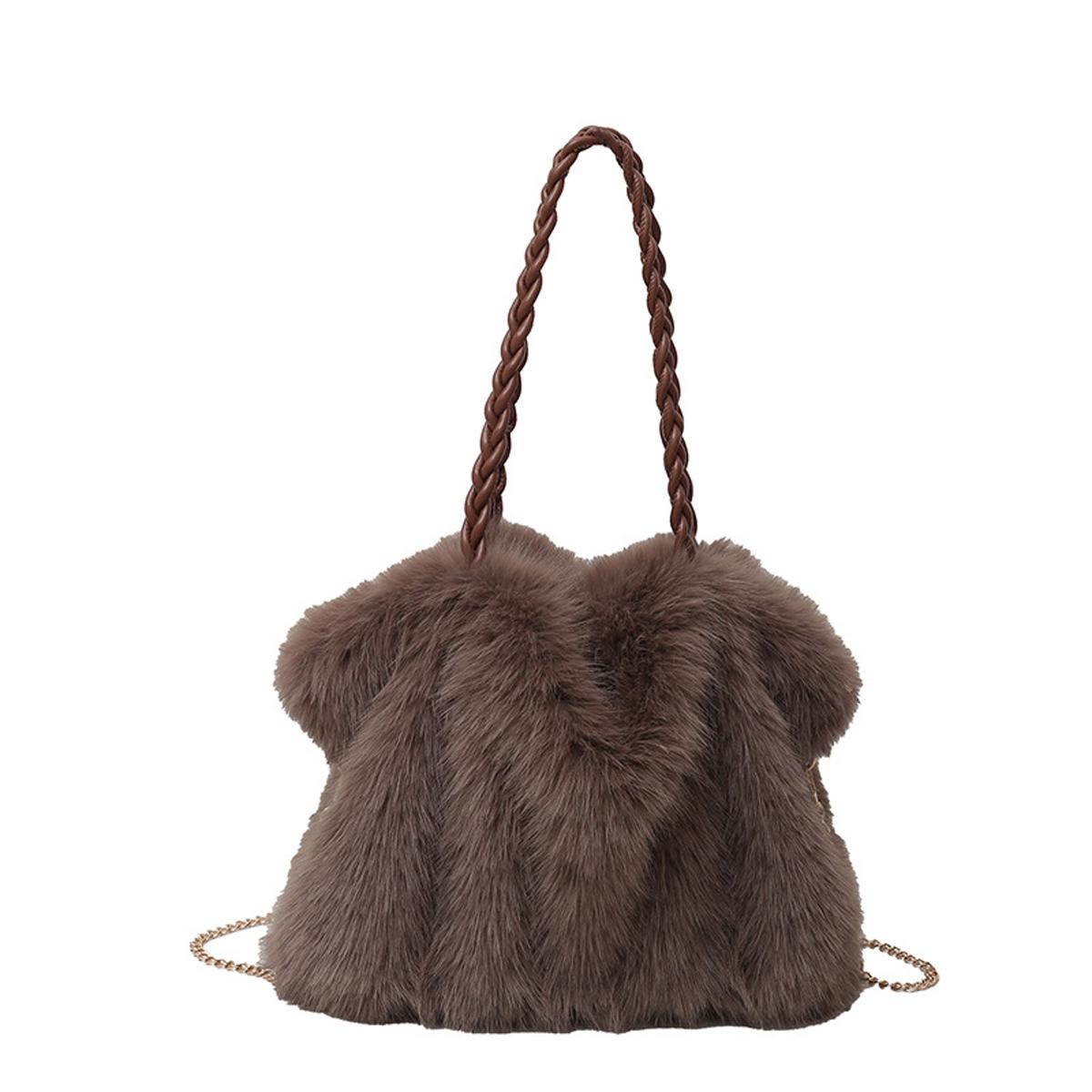 

Women s Fashionable Plush Large Capacity Tote Bag High-end Pleated Fox Fur Shoulder Crossbody Bags Commuter bag with Metal Chain