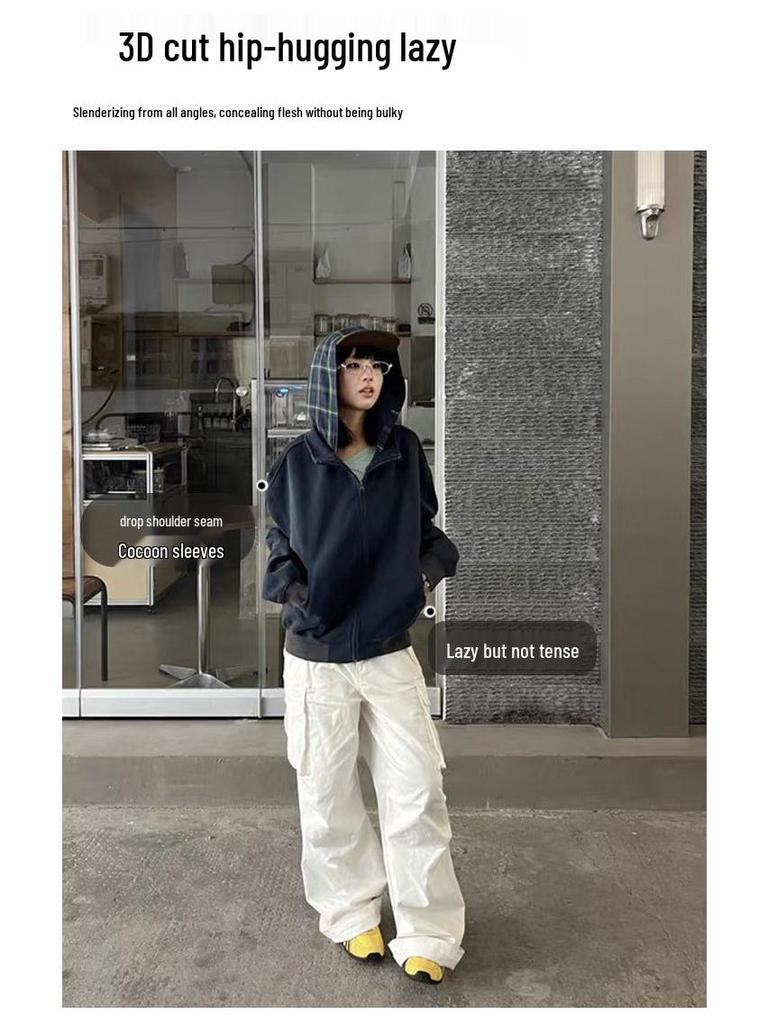 Damen Kapuzen-Zweiteiler Sweatshirt-Jacke im amerikanischen Stil, Neue Kollektion 2025, Kurzer Reißverschluss Langarm, Koreanischer Lazy Chic, Frühher Herbst.