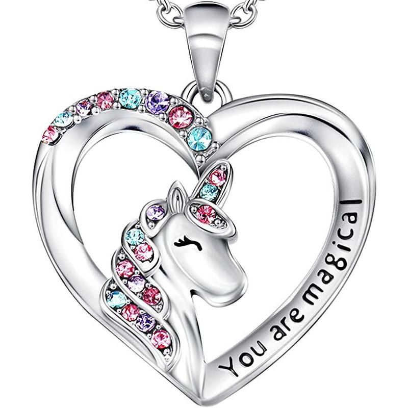 New Unicorn Colored Zircon Pendant, Colorful Heart-shaped Pony Necklace.