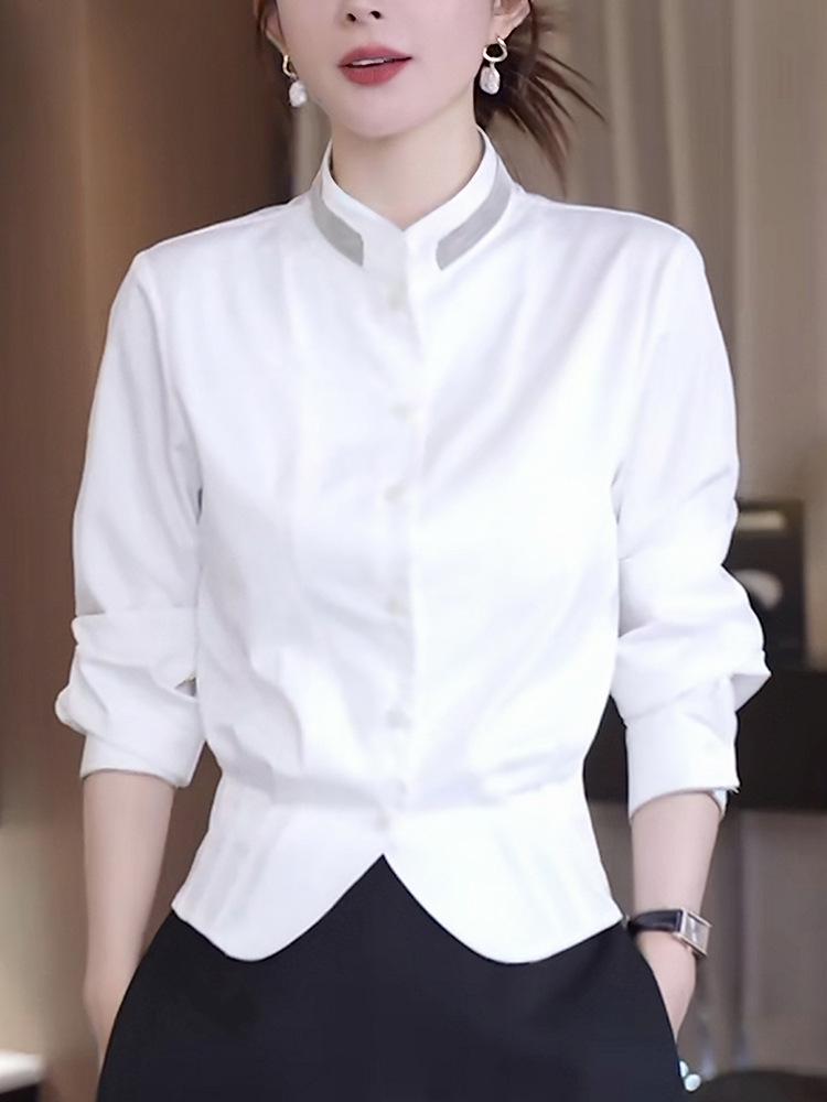 Women's 2025 Autumn White French Shirt: Elegant, Slimming, Waist-Cinching, Casual Stand-Up Collar Top