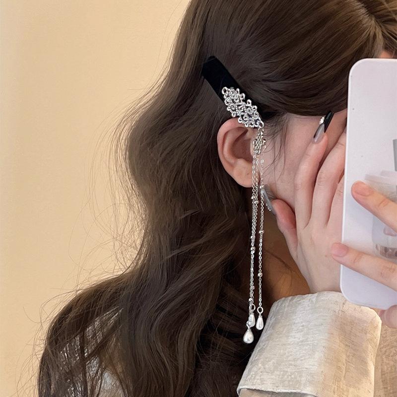 Diamond-encrusted Square Love Pearl Tassel Hairpin New Chinese Retro National Style One-word Clip Fashion Guochao Hair Accessories Women
