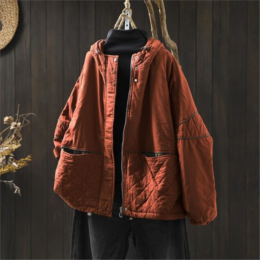Johnature Women Vintage Hooded Patchwork Zipper Solid Color Winter Warm Long Sleeve Coats Female Casual Coats