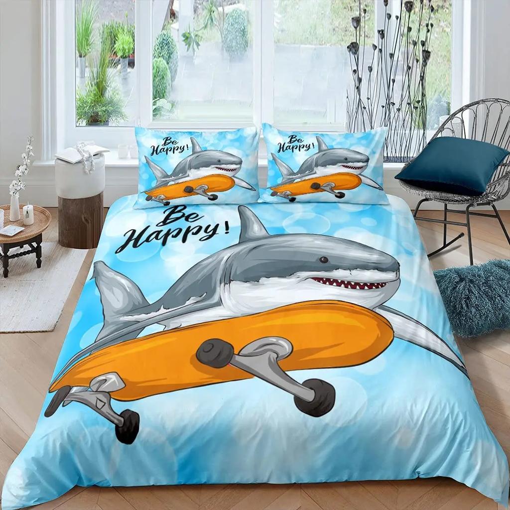 Copripiumino per Bambini con Stampa di Pesce Squalo Cartone Animato Blu e Bianco Decorazione di Lusso per la Camera da Letto di Bambini e Adolescenti Regalo Misura Queen