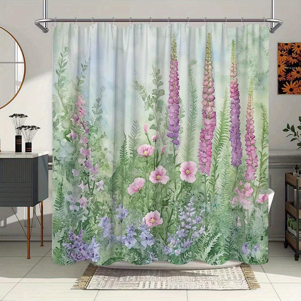 1 stuks Vingerhoedskruid Badgordijn - Elegant Paars Roze Bloemen Aquarel Tuinscène met Varens op Zachte Pastel Achtergrond, Polyester