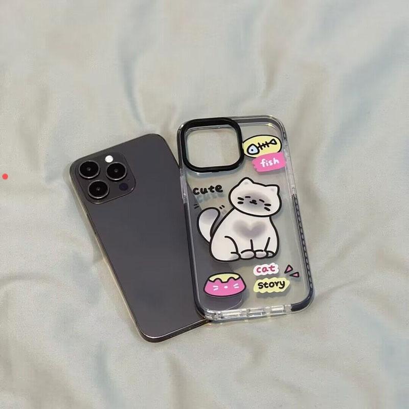 Fish Bone Lovely Little Cat Pattern Phone Case For iPhone 16 15 14 13 12 11 Pro Max XR XS 7 8 Plus Transparent Shockproof Cover