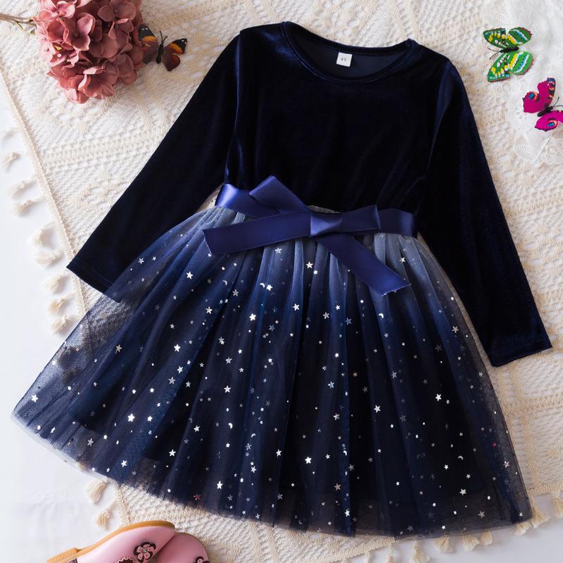 2024 New Girls Dress Autumn Winter Long Sleeve Bow Sequin Princess Dress 3-8 Yrs Kids Christmas Birthday Party New Year Costume