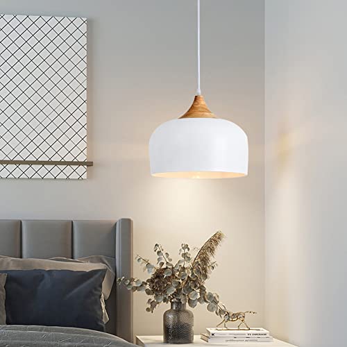 Modern Solid Wood Pendant Light with Dome Metal Shade - 11.8 Inch White Adjustable Hanging Fixture for Kitchen Island Dining Room Bedroom Hallway