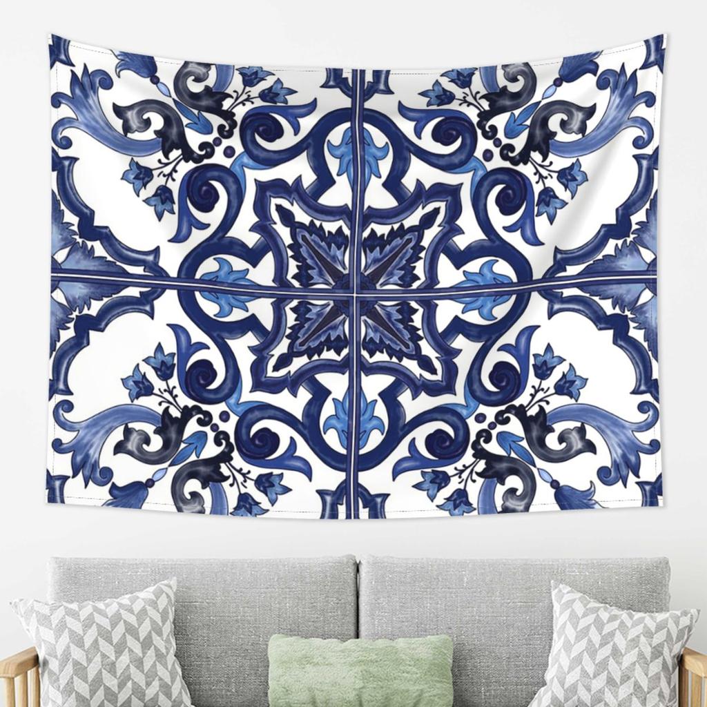 Blaues Verziertes Florales Mediterranes Sizilianisches Fliesen-Wandteppich-Dekor Kunst Ästhetische Wandteppiche für Schlafzimmer Zuhause Wandtuch Wandbehang