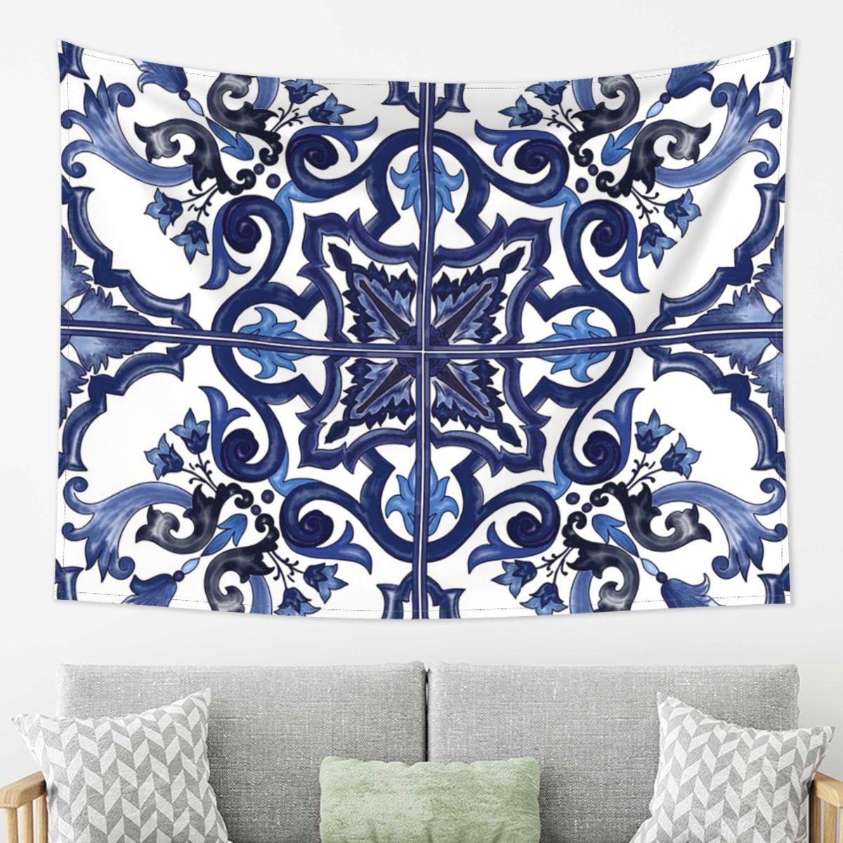 

Blue Ornate Floral Mediterranean Sicilian Tile Tapestry Decor Art Aesthetic Tapestries for Bedroom Home Wall Cloth Wall Hanging 74x94cm(29x37in)
