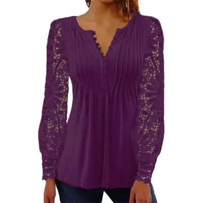 Women Elegant Causal Blouses Sexy Fashion Soild V-neck Long Sleeve Shirts Lace Hollow Out Patchwork Design Office Lady Tops