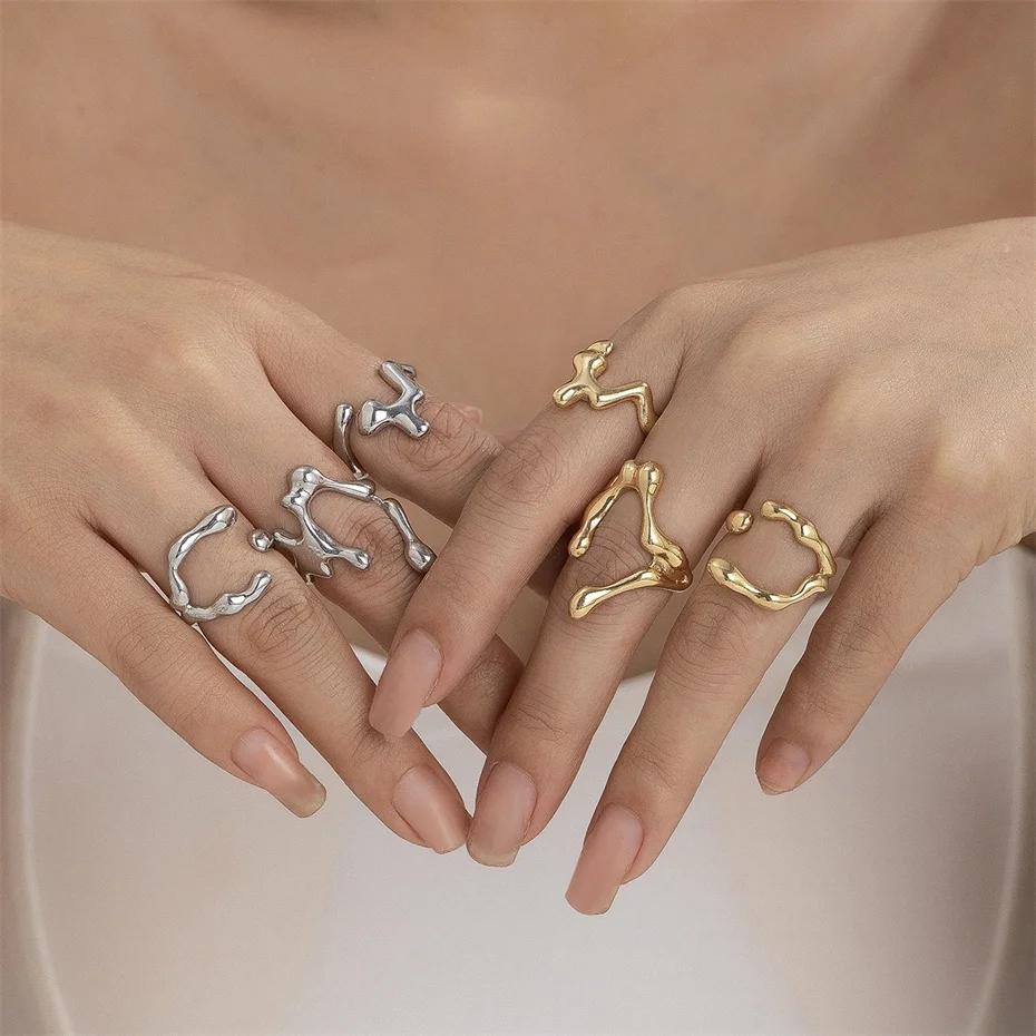 3Pcs Unique Irregular Smooth Rings Set Women Vintage Geometric Gold Color Lava Open Ring Couple Wed Accessories Gift