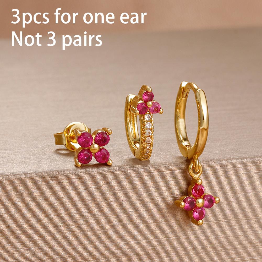 3PCS Rose Red Cubic Zircon Stainless Steel Hoop Earrings Set 18K Gold Plated Huggie Pendant Piercing Earring Women's Jewelry