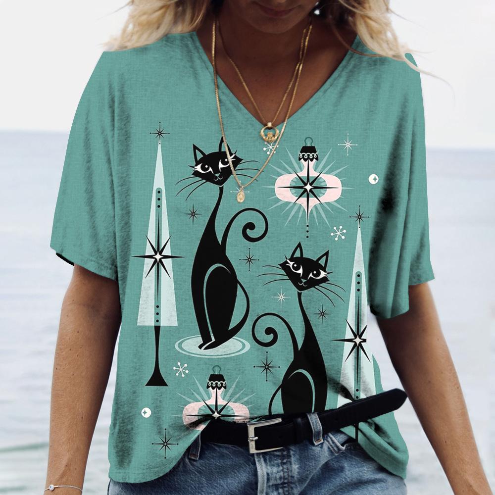 Summer V-neck 3D Cat Printed Top Fashionable Casual Short Sleeved Women's T-shirts