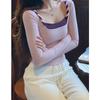 Autumn Winter French Style Long-sleeved Bottoming Shirt for Women with Fake Two-piece Patchwork Square Collar Top