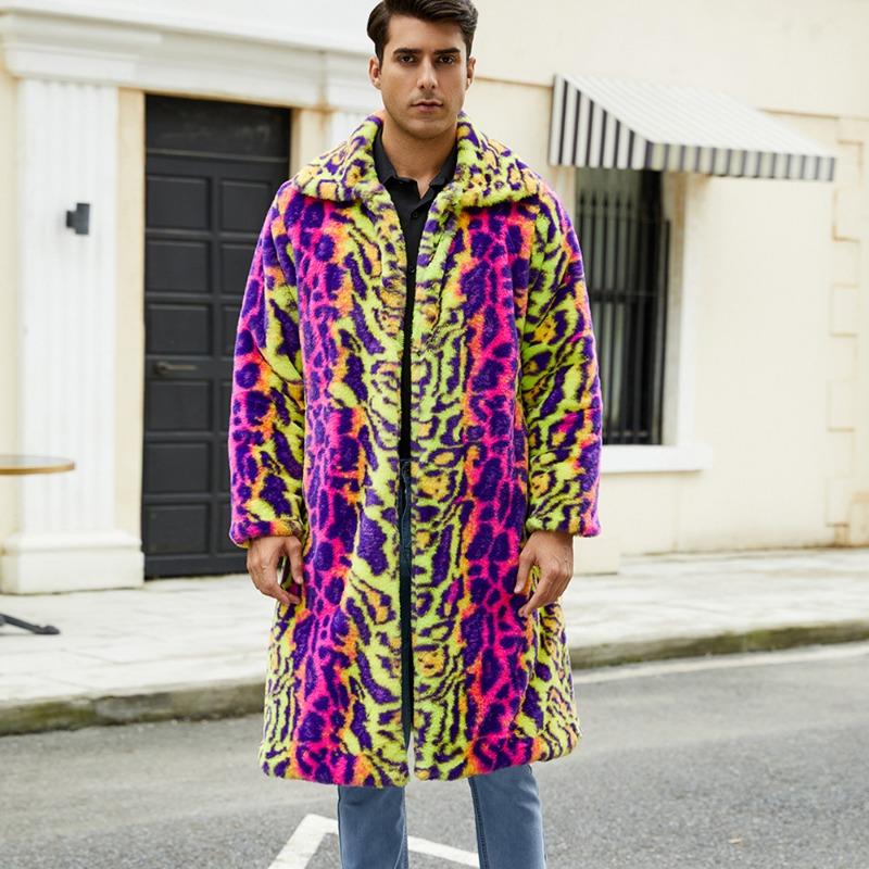 

Men s Lapel Leopard Print Faux Fur Warm Oversized Long Overcoat S цветной печати леопарда