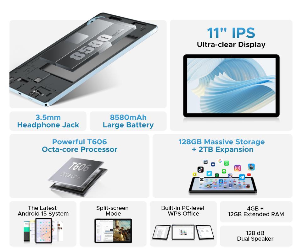 Tablet DOOGEE U11 11 Zoll Android 16 Tablet 16GB+128GB 8580mAh Tablet mit Tastatur und Stift Geeignet für Studium und Arbeit