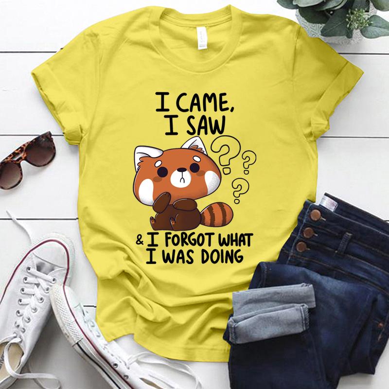 

Милые футболки с изображением красной панды «Я пришел и увидел» для женщин, летняя футболка Femme, повседневные топы с короткими рукавами и круглым вырезом, футболки XXXXL светло-желтого